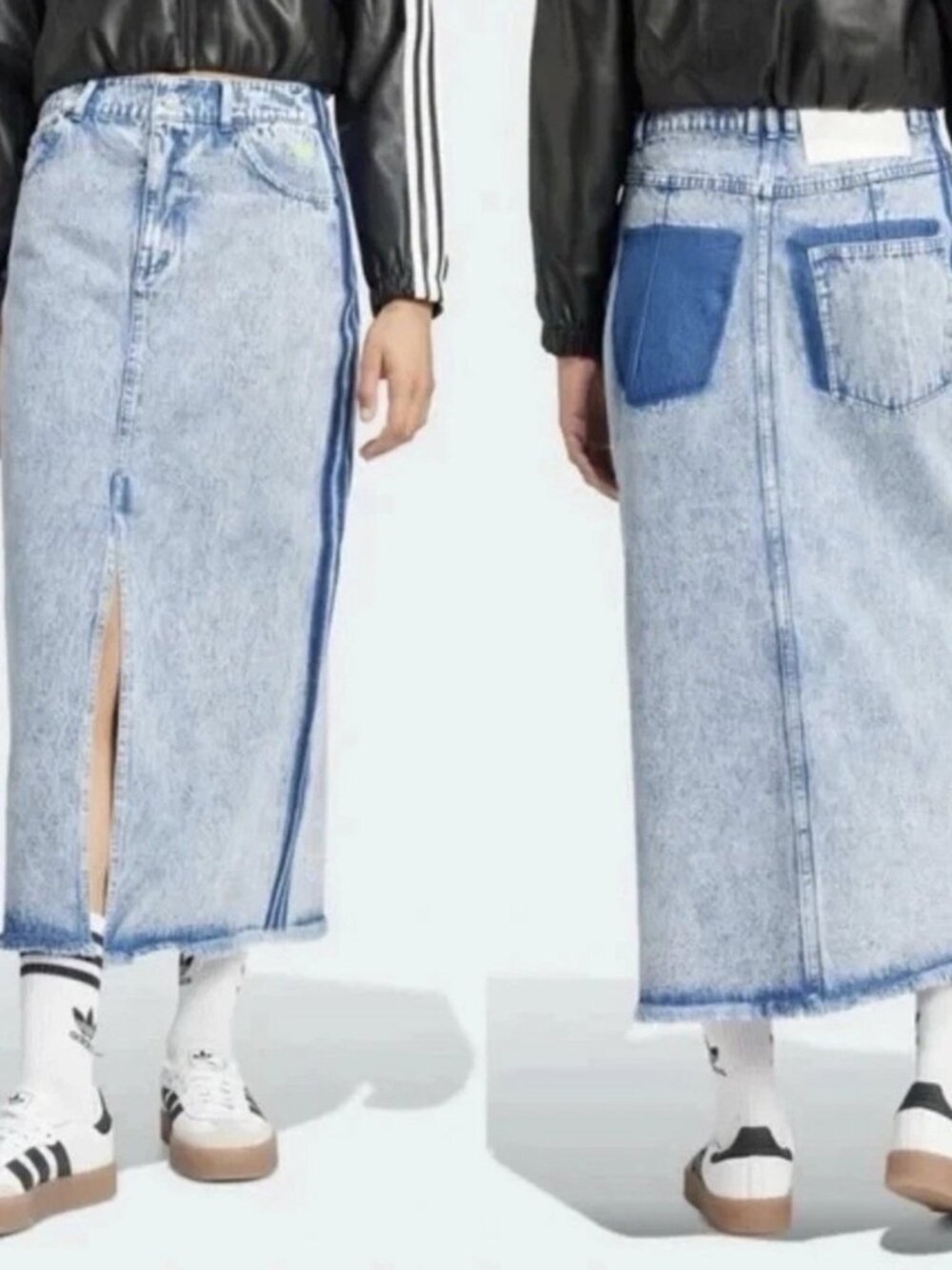 adidas Originals Light Blue Acid Wash Denim Maxi Skirt with Side Stripes